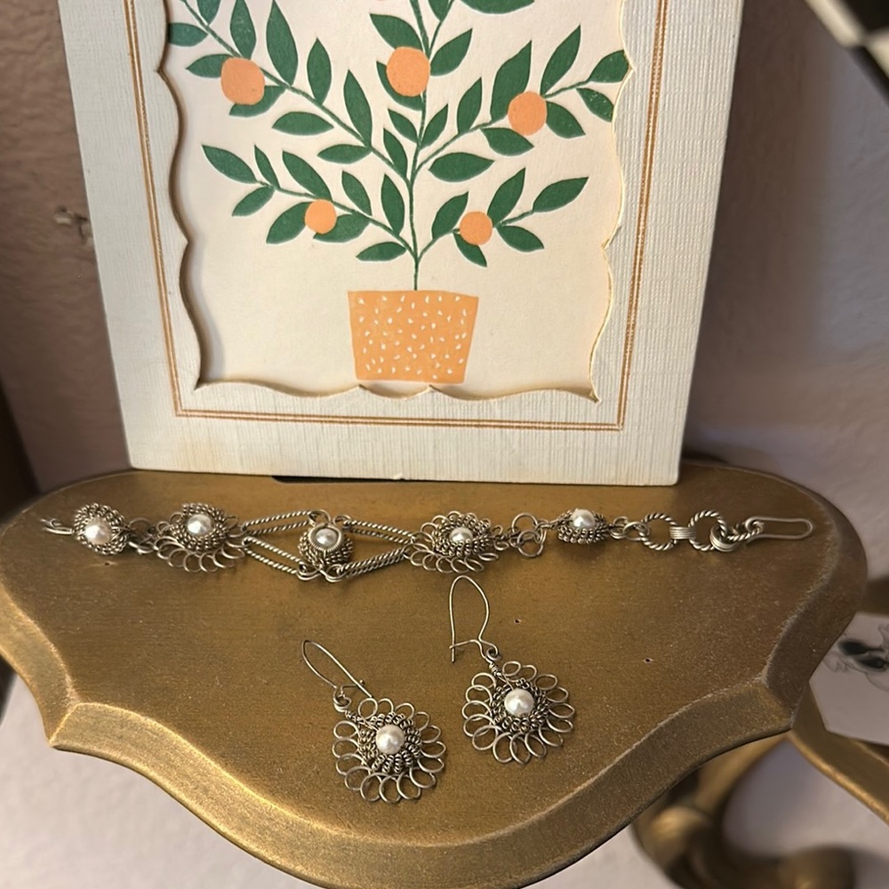 Vintage Silver Filigree and Pearl Jewelry Set